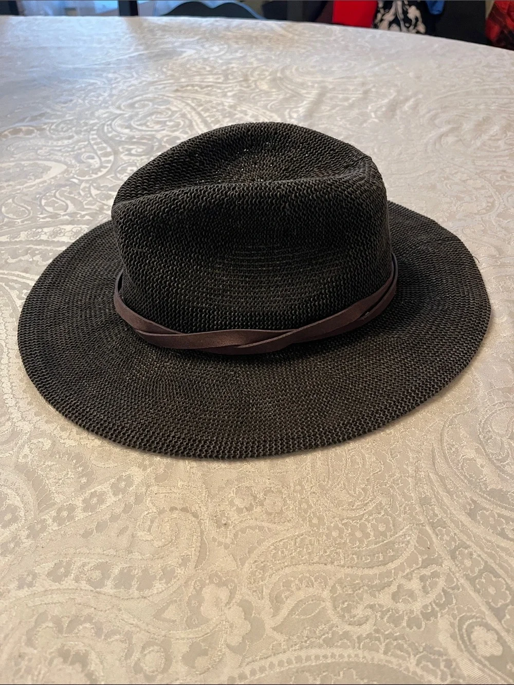 Free People Black Braided paper Fedora with Brown Band Trim in EUC